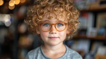A young boy with curly hair and glasses standing photo