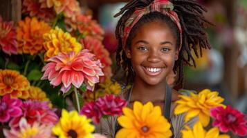 A woman with dreadlocks standing in front of a bunch of flowers photo