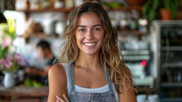 A woman is standing in a kitchen with her arms crossed photo