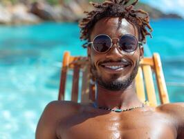 A man wearing sunglasses relaxing in a chair photo