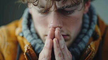 A man with curly hair is holding his hands together photo