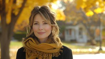 A woman standing under a tree, wearing a scarf around her neck photo