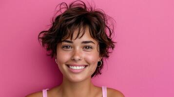 Short-haired woman posing against a pink background photo