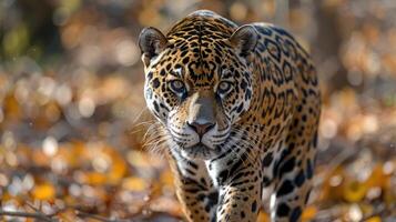 A large leopard moves through a forest filled with leaves photo