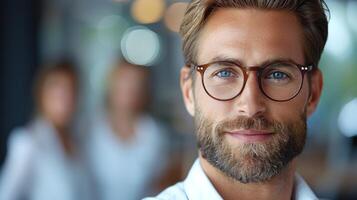 barbado hombre vistiendo lentes mirando directamente a el cámara foto