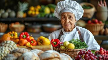 Female chef in full chefs outfit standing confidently in front of a table overflowing with delicious dishes photo