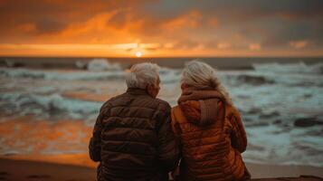 Elderly pair watching the ocean as the sun sets photo