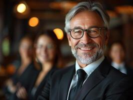 A man in a formal suit and tie speaking in front of a diverse group of people photo