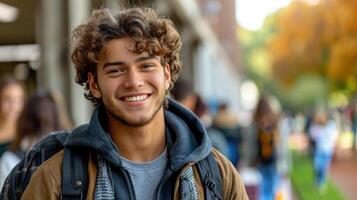 un joven hombre con Rizado pelo sonriente directamente a el cámara foto