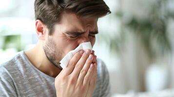 A man using a napkin to blow his nose photo