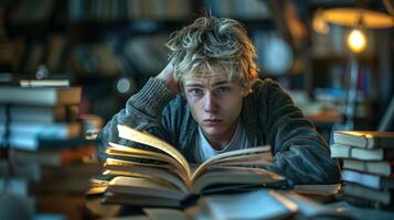 un joven hombre es sentado a un mesa, absorto en leyendo un libro foto