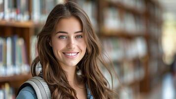 A young woman standing beside a tall bookshelf filled with books photo