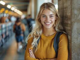 Woman smiling, leaning against wall in library photo