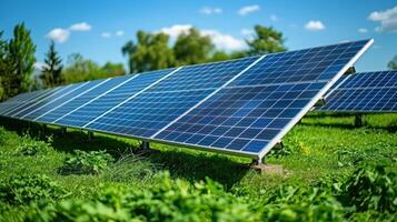 solar paneles alineado en vibrante verde campo debajo brillante cielo foto