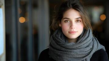 A woman wearing a scarf wrapped around her neck photo