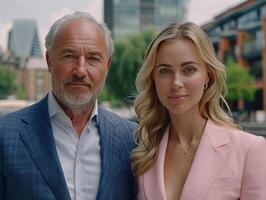 A man and a woman standing side by side outdoors photo