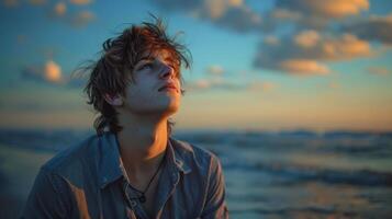 A young man gazes upwards at the sky photo