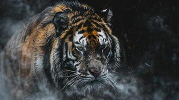 A tiger is walking through snow in the darkness photo