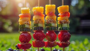 Various fruits skewered on sticks placed on lush green grass photo