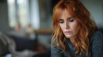 A woman with red hair is focused on her cell phone screen photo