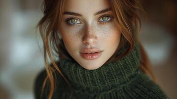 A detailed view of a womans face with freckled hair photo