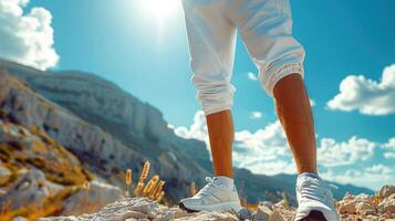 A person wearing white shorts and sneakers walking on rocks photo