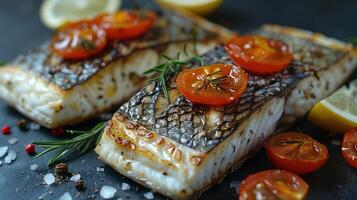 A close view of fish with ripe tomatoes and fresh lemons on a plate photo
