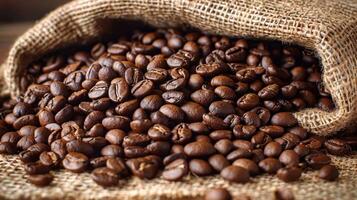 A brown sack full of coffee beans resting on top of a wooden table photo