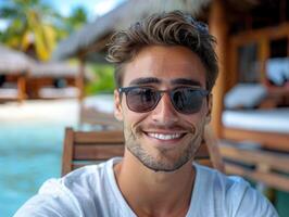 A man seated in a chair wearing sunglasses photo