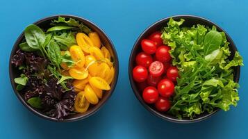 Two bowls on a table filled with an assortment of fresh vegetables photo