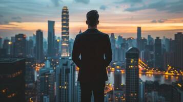 A man stands atop a tall building, overlooking the city below photo