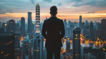 un hombre soportes encima un alto edificio, con vista a el ciudad abajo foto