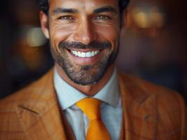 A man dressed in a suit with a yellow tie photo