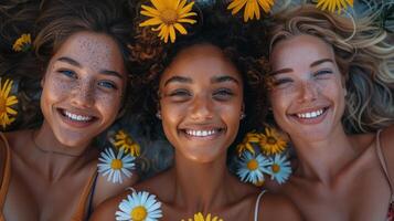 Tres joven mujer tendido en medio de un campo de blanco margaritas foto
