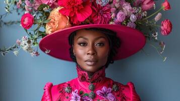 un mujer vistiendo un rosado sombrero adornado con flores foto