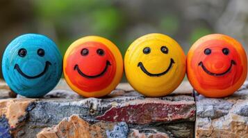 Three colorful balls with facial expressions painted on them photo