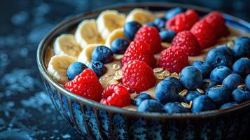 Bowl filled with fruit and cereal resting on table photo