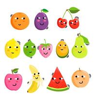 Fruits characters icon. Cute fruits composition. Hand-drawn cartoon doodle in simple naive style. Baby characters with smiles. vector