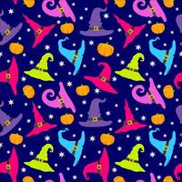Witch hat, pumpkins and stars seamless pattern. Cute wizard caps, Halloween holiday symbols pattern vector