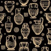 Seamless pattern with ancient Greek vase sketch. Set of clay crockery. Decorative seamless pattern with terracotta vases of different shapes and sizes vector