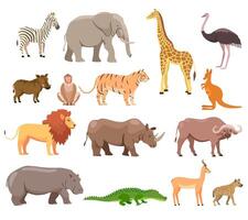 African animals set. Wild jungle fauna. Elephant, giraffe, buffalo, hippo, rhino, lion, antelope ostrich hyena gorilla monkey crocodile warthog zebra vector