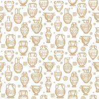 Seamless pattern with antique vases sketch. Set of clay crockery. Decorative seamless pattern with terracotta vases of different shapes and sizes vector