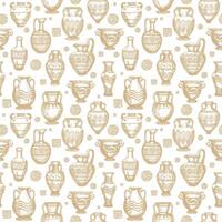 Seamless pattern with antique vases sketch. Set of clay crockery. Decorative seamless pattern with terracotta vases of different shapes and sizes vector