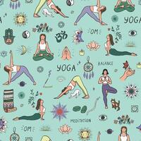 Yoga woman doodle seamless pattern. vector