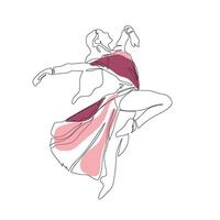 Continuous Line Art Drawing. Ballet Dancer ballerina jumping in beautiful red pink dress dream vector