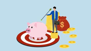 financeiro meta, animação do homem de negocios investidor segurando seta dentro pilha do moedas com porquinho banco em pinball mesa video
