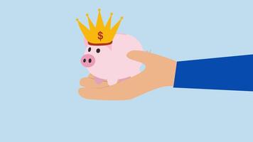 bäst investering, animering av affärsman hand erbjudanden en skinande rosa nasse Bank med en gyllene kunglig krona. video