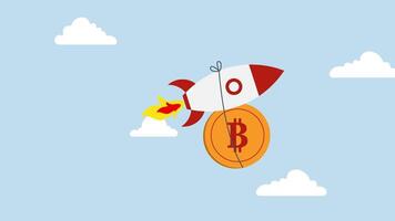 bitcoin prix monter en flèche frappé record haut, animation de vite fusée navire cette bitcoin physique pièce de monnaie mouches haute par le des nuages de espace. video