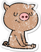 distressed sticker of a happy cartoon pig sitting png