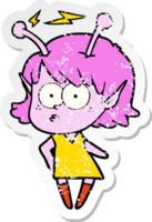 distressed sticker of a cartoon alien girl png